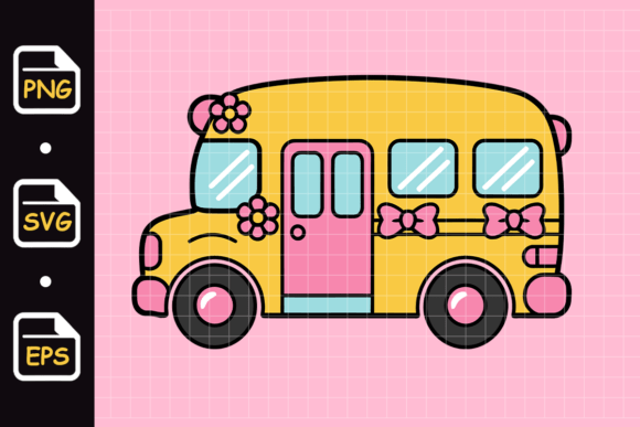 Cute Yellow School Bus with Pink Flowers Graphics
