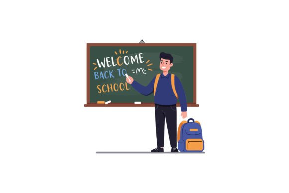 Student Writing on Chalkboard in Vibrant Graphics